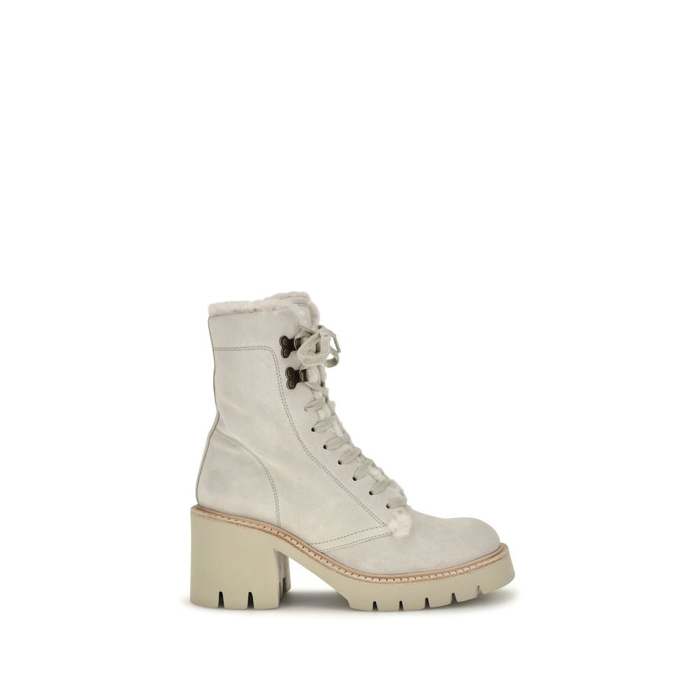 Lace-Up Ankle Mid-Calf Boots by Pedro García for women in bos taurus calf suede leather beige showcases a ergonomic silhouette from the Women's Bos Taurus Calf Suede Leather Lace-Up Ankle Mid-Calf Boots collection, featuring a ergonomic block-heel and a ergonomic square toe style.