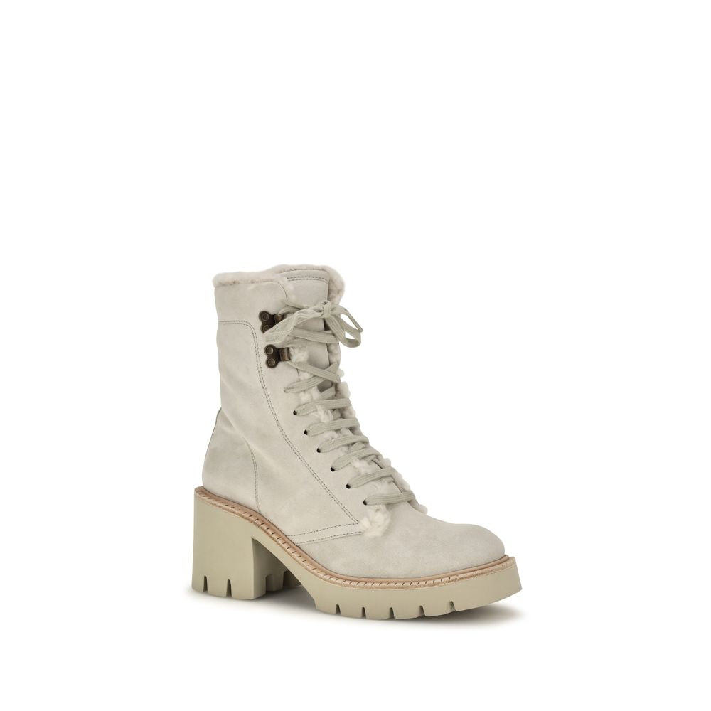 Lace-Up Ankle Mid-Calf Boots by Pedro García for women in bos taurus calf suede leather beige features an effortless chic silhouette from the Women's Bos Taurus Calf Suede Leather Lace-Up Ankle Mid-Calf Boots collection, showcasing a effortless chic block-heel and refined square toe style for an effortless chic look.
