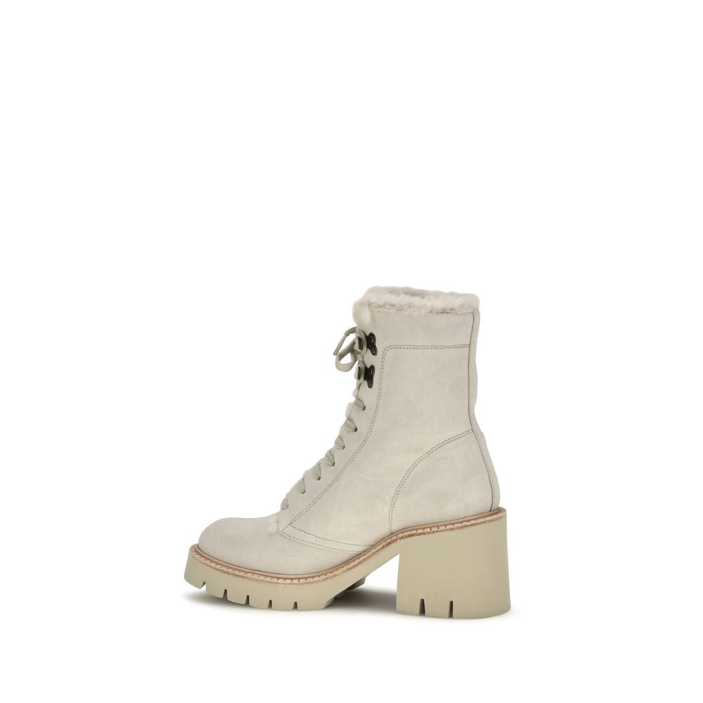 Lace-Up Ankle Mid-Calf Boots by Pedro García for women in bos taurus calf suede leather beige features an dynamic silhouette, showcasing the dynamic Women's Bos Taurus Calf Suede Leather Lace-Up Ankle Mid-Calf Boots design with its distinctive block-heel and elegant square toe style.