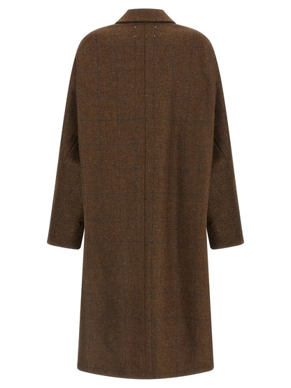 Maison Margiela Women's Wool Overcoat - Brown White Patterned Signature