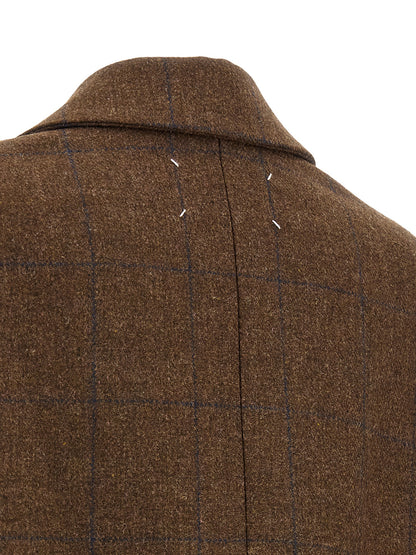 Maison Margiela Women's Wool Overcoat - Brown White Patterned Signature
