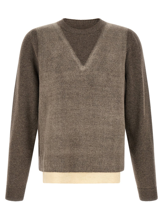 Maison Margiela Four Stitches Play Men's V Neck Virgin Wool Cardigan - Brown White