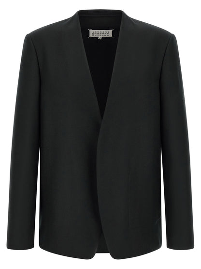 Maison Margiela Essence Four Stitches Grace Men's V Neck Flannel & Virgin Wool Blazer - Black