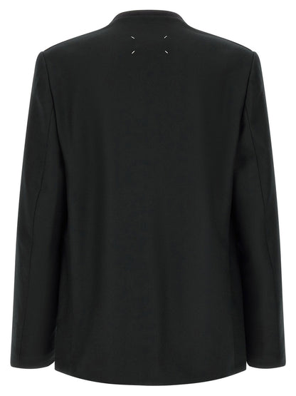 Maison Margiela Essence Four Stitches Grace Men's V Neck Flannel & Virgin Wool Blazer - Black
