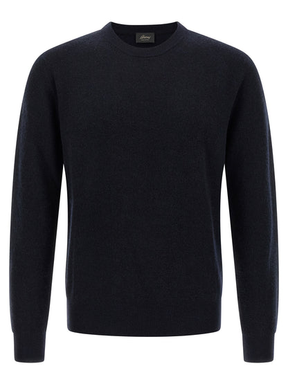 Cardigan by Brioni for men in cashmere blue features an impeccable silhouette, showcasing a sophisticated crew neckline and detail for a truly impeccable finish.