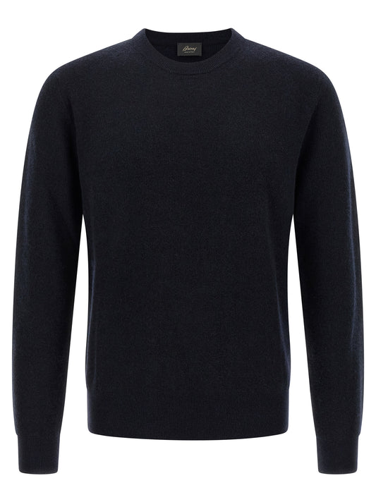 Cardigan by Brioni for men in cashmere blue features an impeccable silhouette, showcasing a sophisticated crew neckline and detail for a truly impeccable finish.