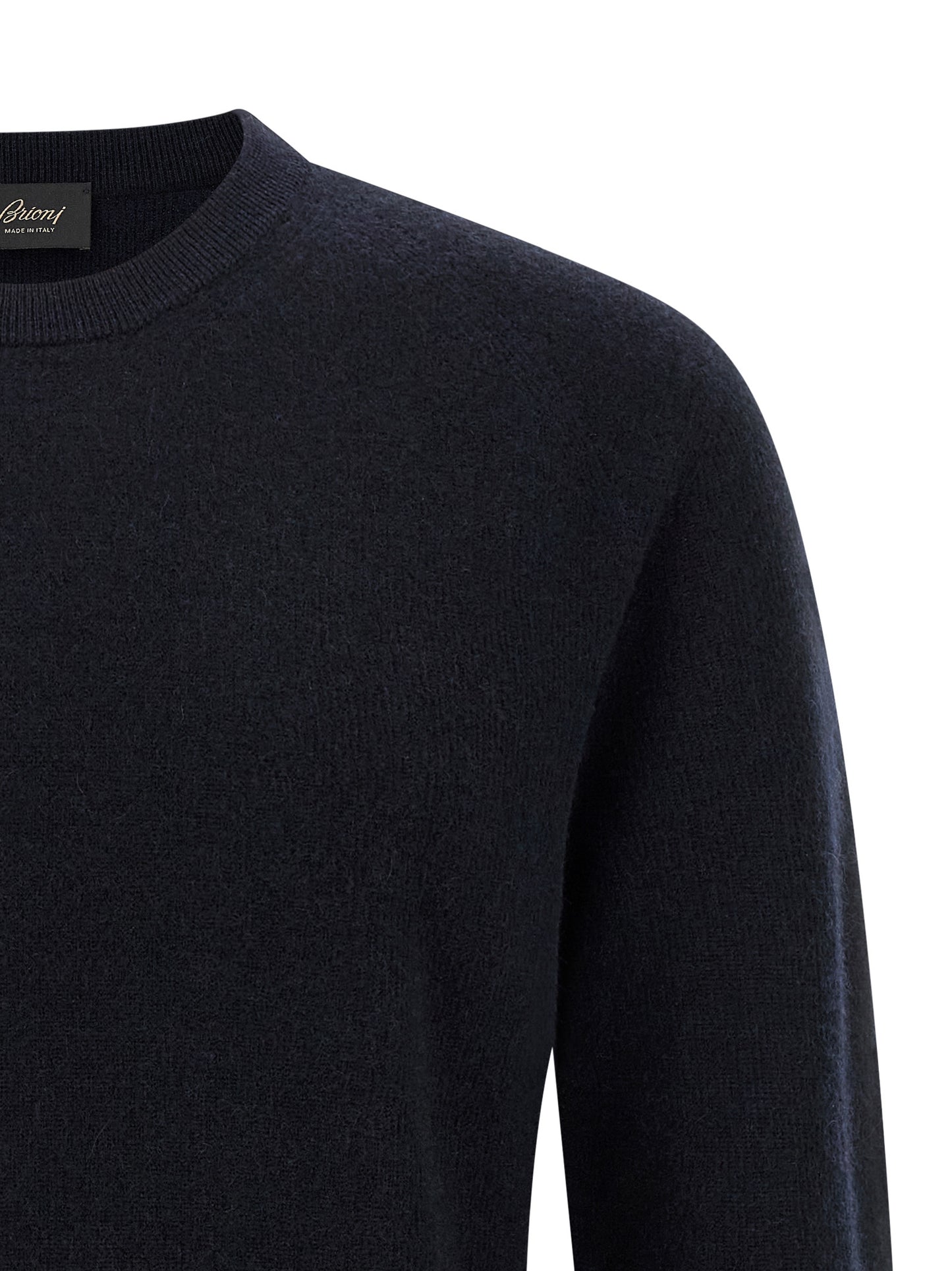 Cardigan by Brioni for men in cashmere blue showcases a luxurious silhouette, meticulously detailed with a sophisticated crew neckline and for a refined finish.