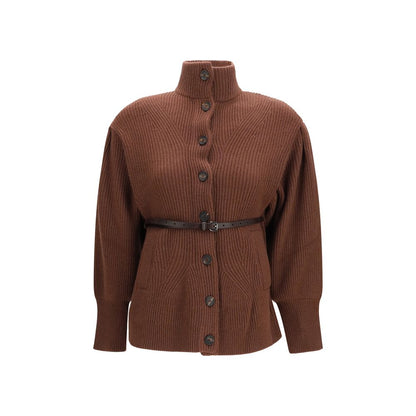 Cardigan by Brunello Cucinelli for women in capra leather & wool brown features an crisp silhouette, showcasing a sophisticated high-neck neckline and detail for a truly crisp finish.