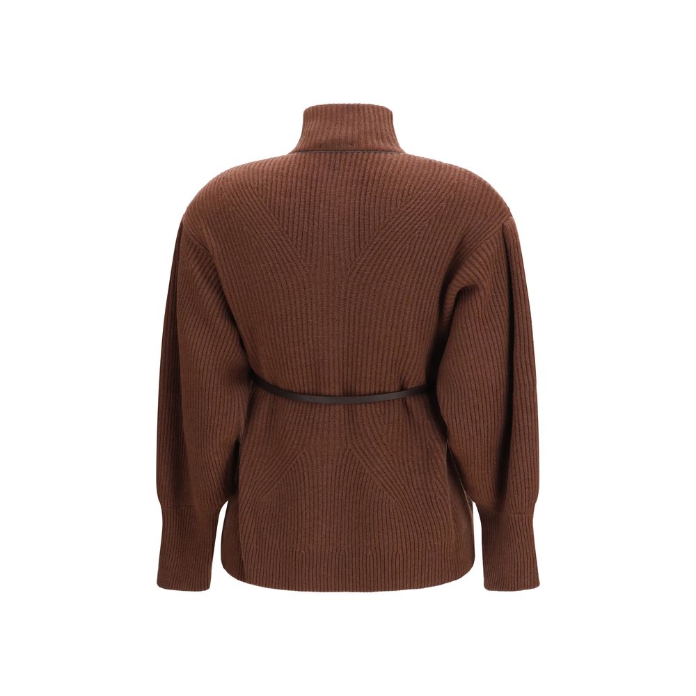 Cardigan by Brunello Cucinelli for women in capra leather & wool brown showcases a luxurious silhouette, meticulously detailed with a sophisticated high-neck neckline and for a refined finish.