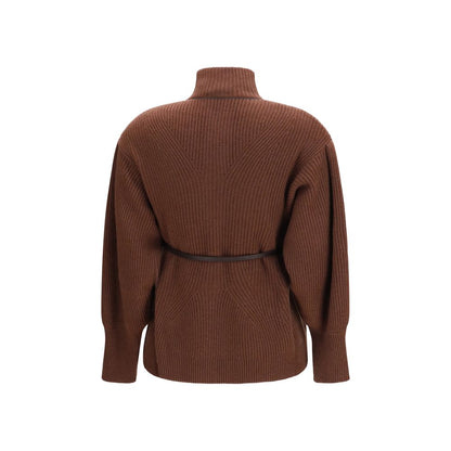 Cardigan by Brunello Cucinelli for women in capra leather & wool brown showcases a luxurious silhouette, meticulously detailed with a sophisticated high-neck neckline and for a refined finish.