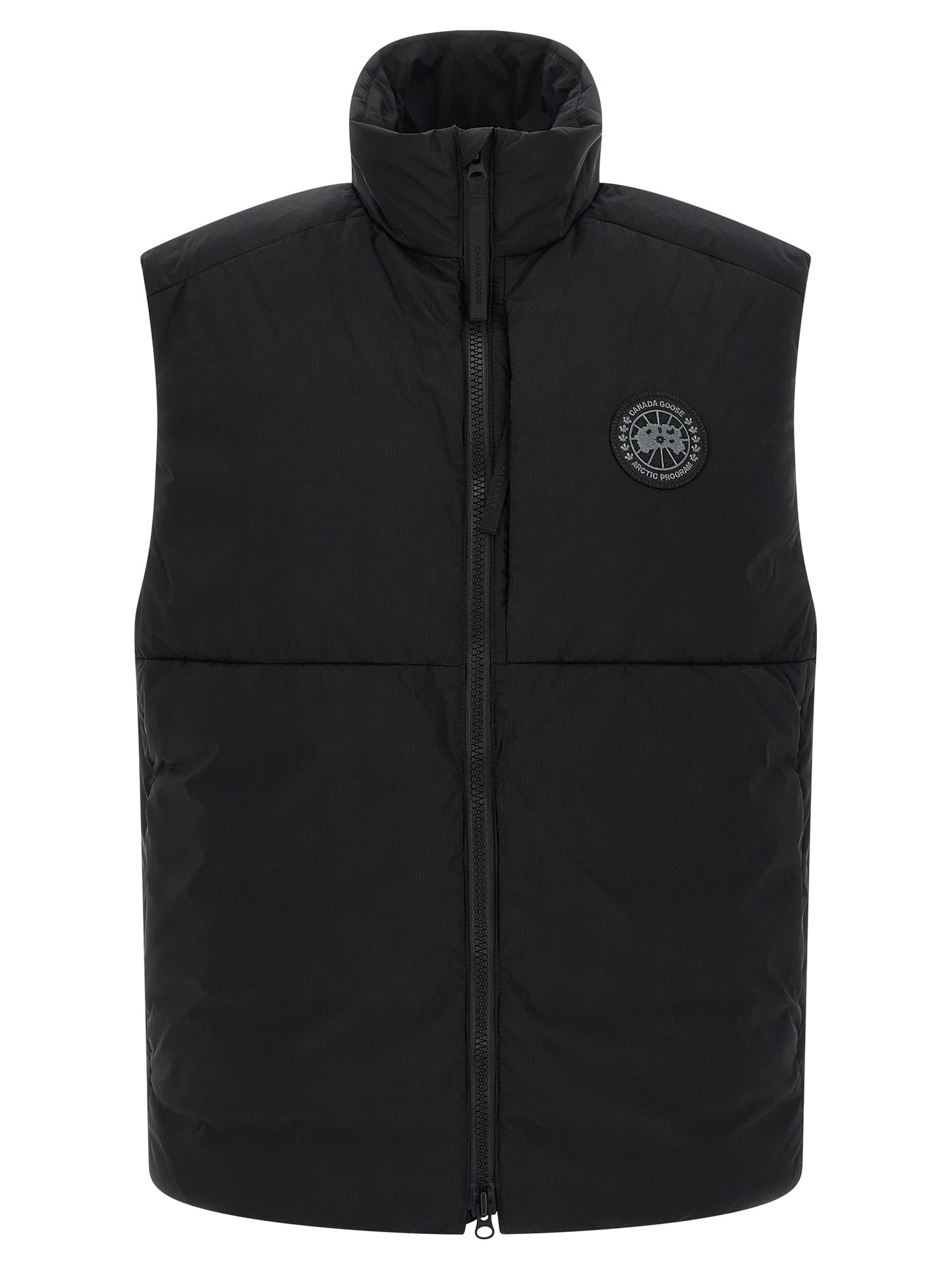 Vest by Canada Goose for men in polyamide black & signature features a stylish silhouette, showcasing distinct pockets and a refined high-neck neckline for a truly stylish finish.
