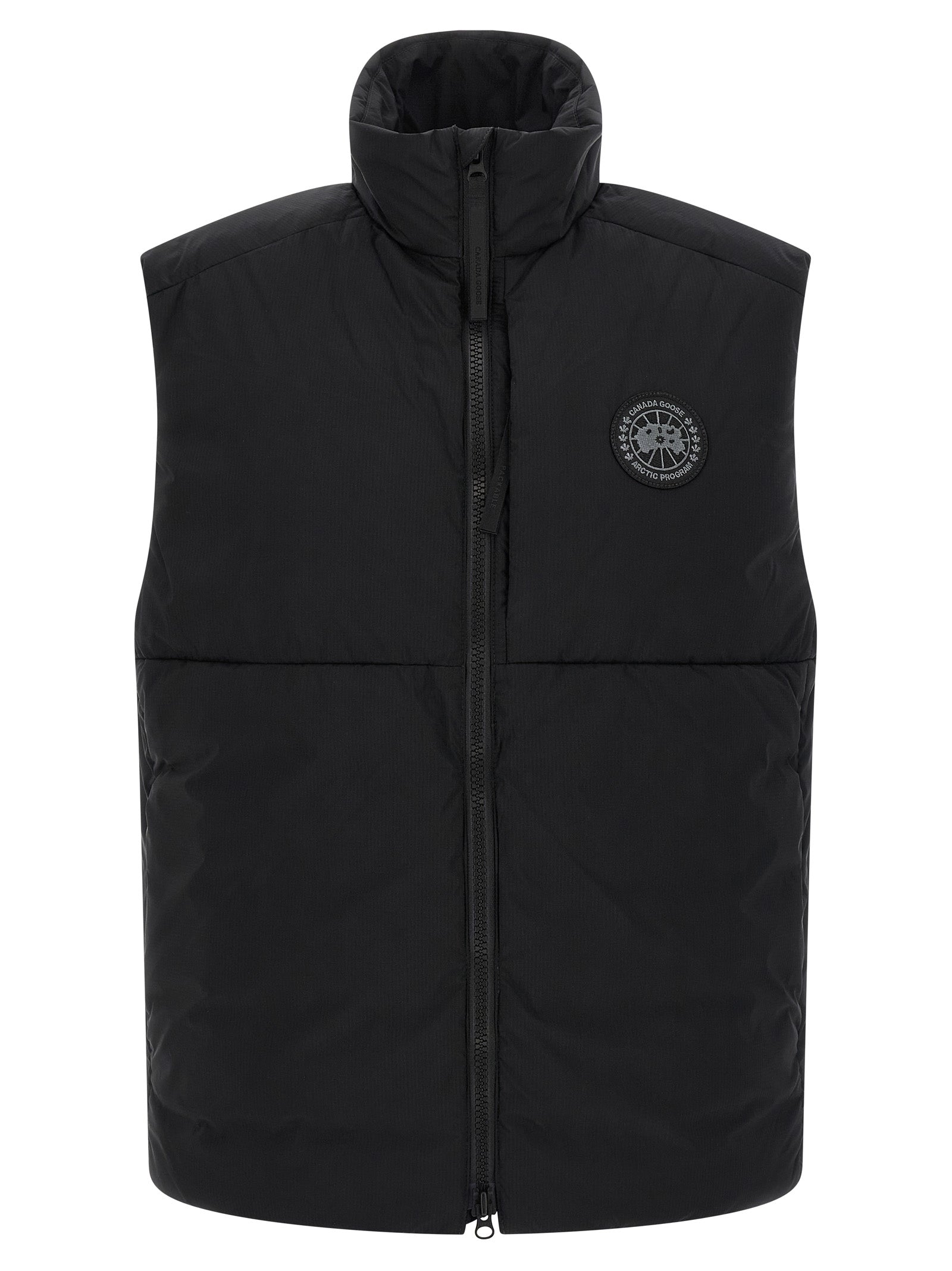 Vest by Canada Goose for men in polyamide black & signature features a stylish silhouette, showcasing distinct pockets and a refined high-neck neckline for a truly stylish finish.