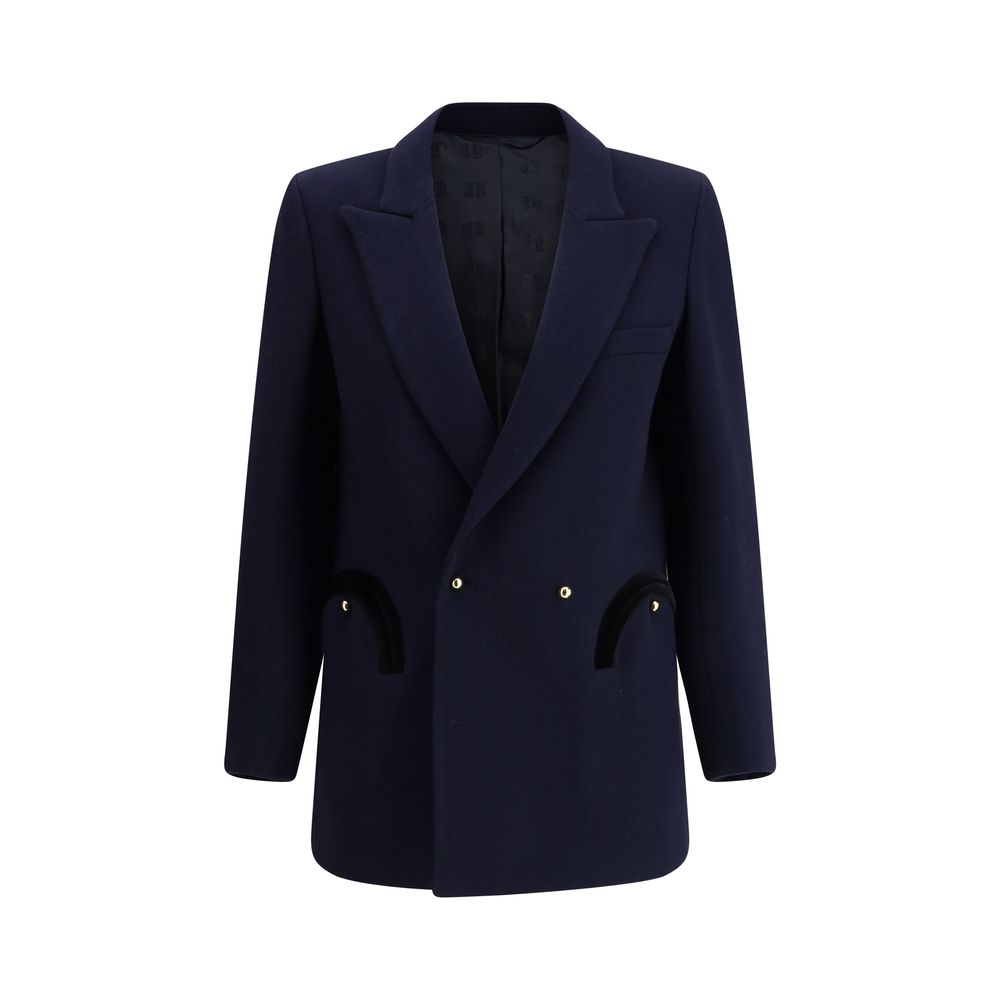 Blazer by Blazé Milano for women in virgin wool blue showcases a polished silhouette, highlighted by a refined lapel peak-lapel neckline and polished for a sophisticated finish.