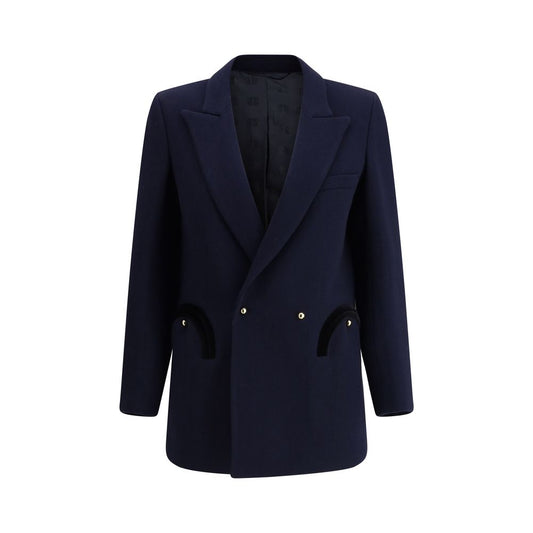 Blazer by Blazé Milano for women in virgin wool blue showcases a polished silhouette, highlighted by a refined lapel peak-lapel neckline and polished for a sophisticated finish.