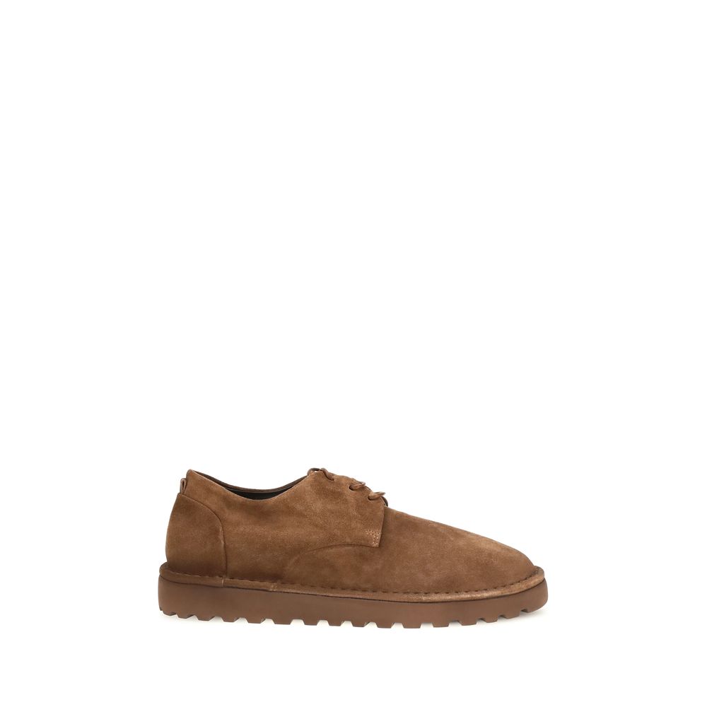 Derby Lace-Up Shoes by Marsell for men in bos taurus calf suede leather brown features an ergonomic silhouette, perfectly showcasing Men's Bos Taurus Calf Suede Leather Derby Lace-Up Shoes with its distinct and elegant round toe style.