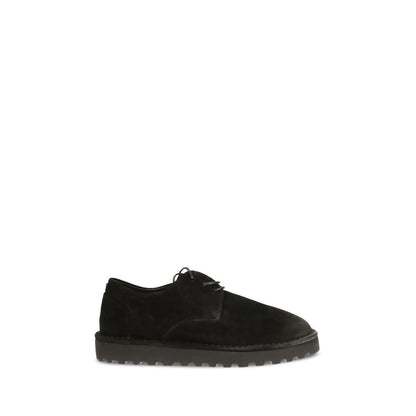 Derby Lace-Up Shoes by Marsell for men in bos taurus calf suede leather black features an ergonomic silhouette, perfectly showcasing Men's Bos Taurus Calf Suede Leather Derby Lace-Up Shoes with its distinct and elegant round toe style.