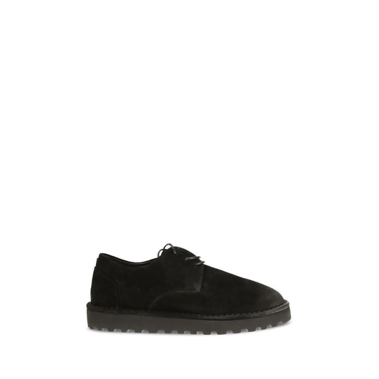 Derby Lace-Up Shoes by Marsell for men in bos taurus calf suede leather black features an ergonomic silhouette, perfectly showcasing Men's Bos Taurus Calf Suede Leather Derby Lace-Up Shoes with its distinct and elegant round toe style.