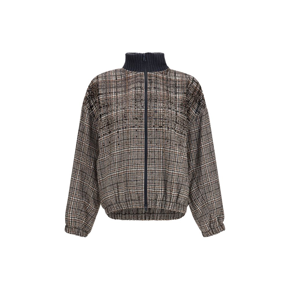 Overcoat by Brunello Cucinelli for women in polyamide merino & alpaca wool beige, patterned, checked & striped features an voluminous silhouette, showcasing distinct insulated and a voluminous high-collar neckline for a truly voluminous aesthetic.