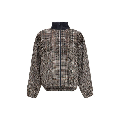 Overcoat by Brunello Cucinelli for women in polyamide merino & alpaca wool beige, patterned, checked & striped features an voluminous silhouette, showcasing distinct insulated and a voluminous high-collar neckline for a truly voluminous aesthetic.