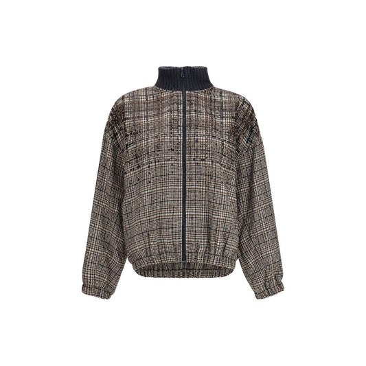 Overcoat by Brunello Cucinelli for women in polyamide merino & alpaca wool beige, patterned, checked & striped features an voluminous silhouette, showcasing distinct insulated and a voluminous high-collar neckline for a truly voluminous aesthetic.