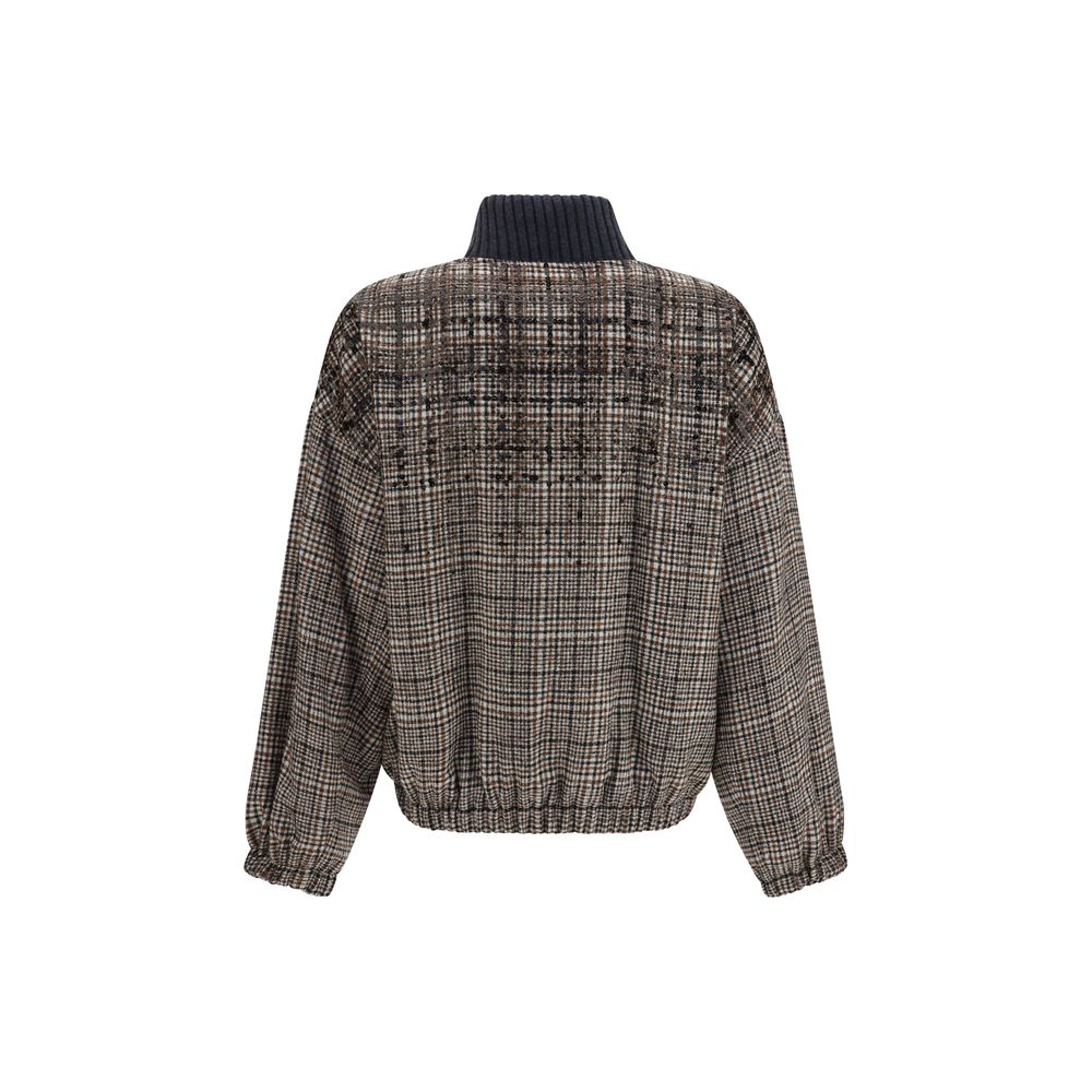 Overcoat by Brunello Cucinelli for women in polyamide merino & alpaca wool beige, patterned, checked & striped features an satoral silhouette, showcasing a sophisticated high-collar neckline and satoral insulated for a premium, timeless look.