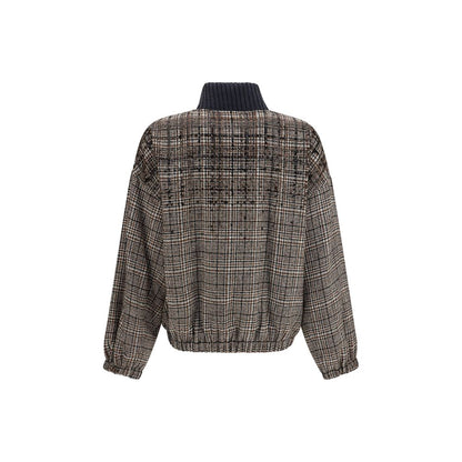 Overcoat by Brunello Cucinelli for women in polyamide merino & alpaca wool beige, patterned, checked & striped features an satoral silhouette, showcasing a sophisticated high-collar neckline and satoral insulated for a premium, timeless look.