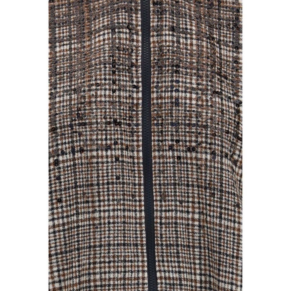 Overcoat by Brunello Cucinelli for women in polyamide merino & alpaca wool beige, patterned, checked & striped presents a luxurious silhouette, showcasing a luxurious and sophisticated insulated for a premium, luxurious look.