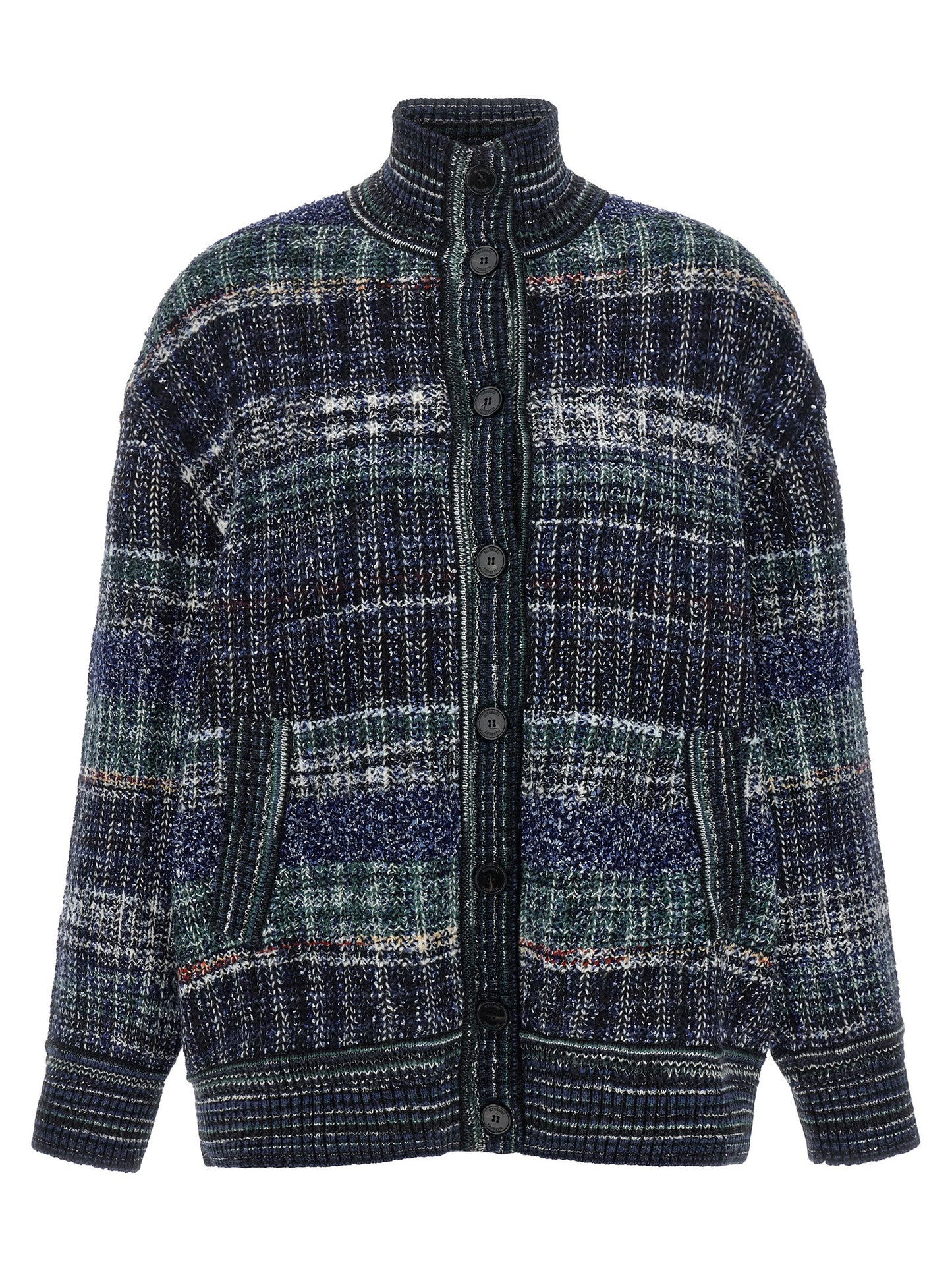 Cardigan by Missoni for women in polyamide viscose wool green, navy, white & patterned features a nuanced silhouette with a refined high-neck neckline and nuanced detailing for a sophisticated look.