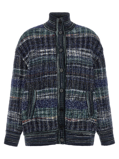 Cardigan by Missoni for women in polyamide viscose wool green, navy, white & patterned features a nuanced silhouette with a refined high-neck neckline and nuanced detailing for a sophisticated look.