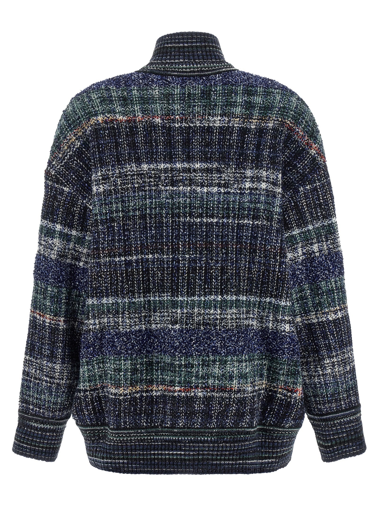 Cardigan by Missoni for women in polyamide viscose wool green, navy, white & patterned features an impeccable silhouette, showcasing a sophisticated high-neck neckline and detail for a truly impeccable finish.