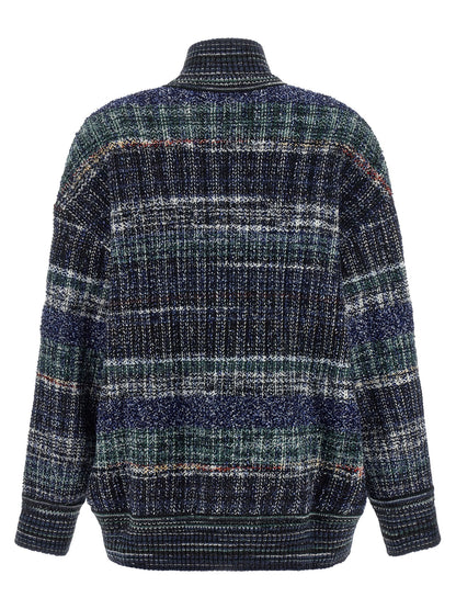 Cardigan by Missoni for women in polyamide viscose wool green, navy, white & patterned features an impeccable silhouette, showcasing a sophisticated high-neck neckline and detail for a truly impeccable finish.