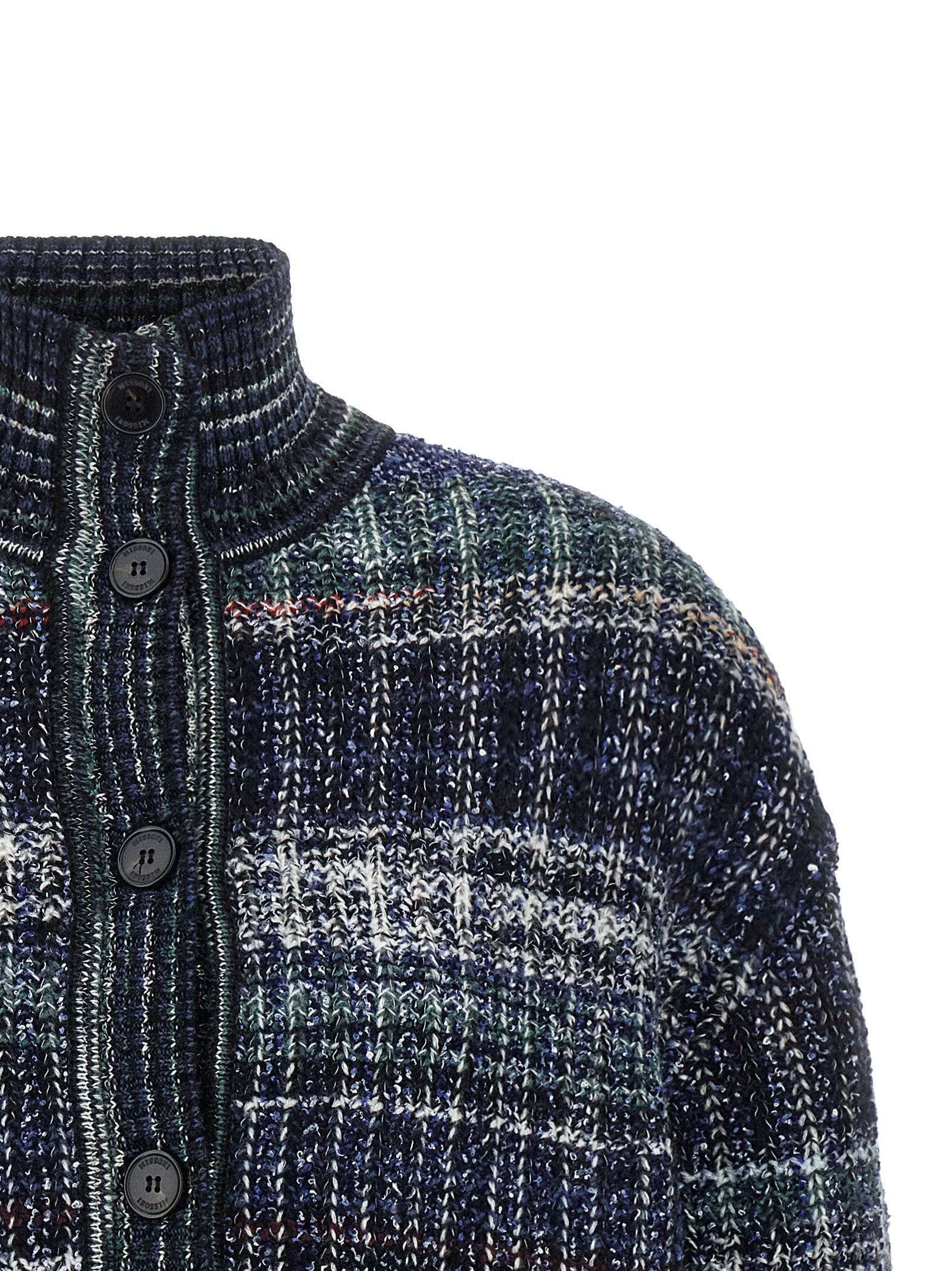 Cardigan by Missoni for women in polyamide viscose wool green, navy, white & patterned showcases a captivating silhouette, artfully detailed with a captivating and high-neck neckline for a truly sophisticated captivating look.