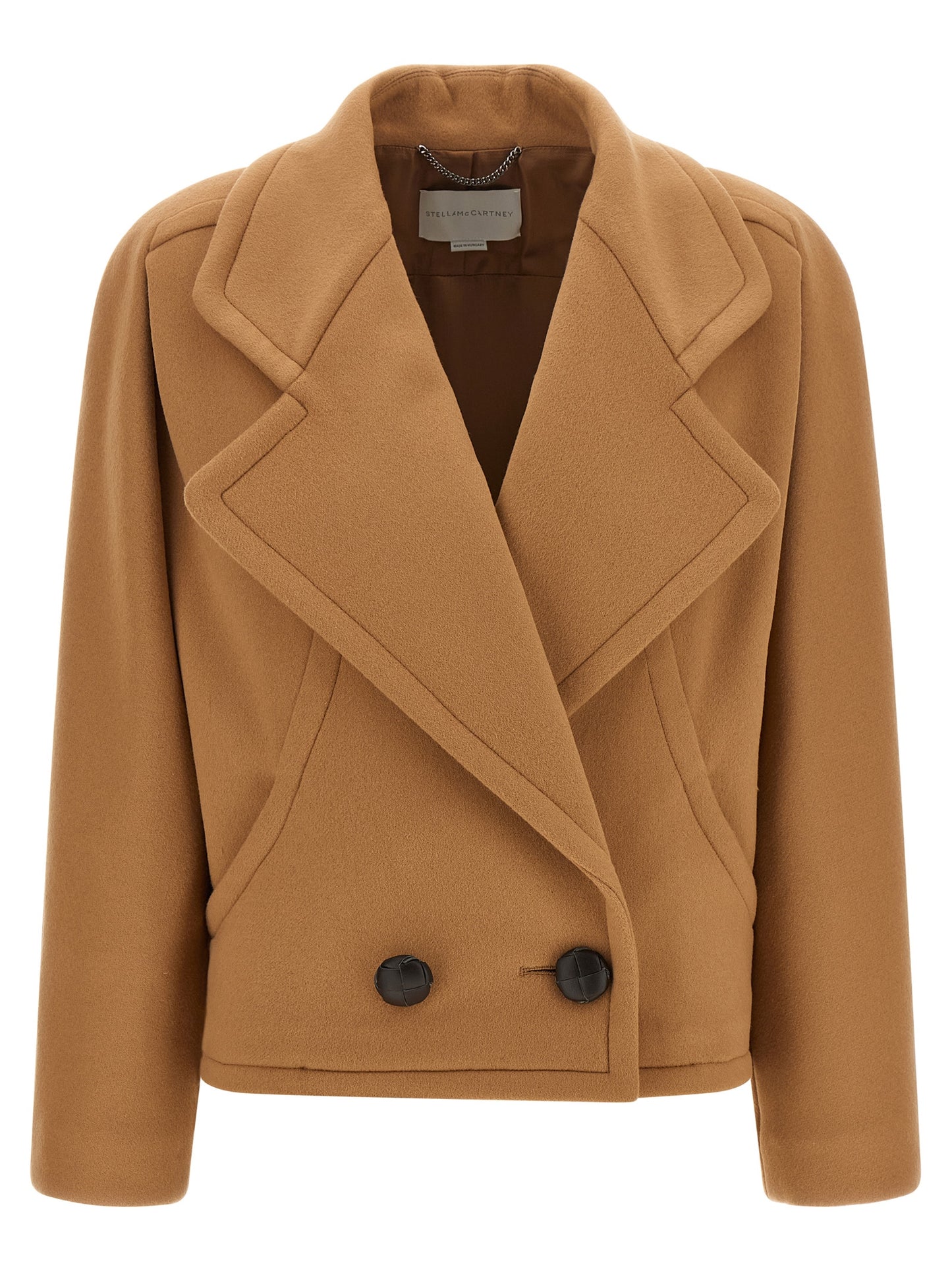 Overcoat by Stella McCartney for women in wool & leather beige, camel, silver & signature presents a luxurious silhouette, showcasing a luxurious square neckline and sophisticated pockets & insulated for a premium, luxurious look.