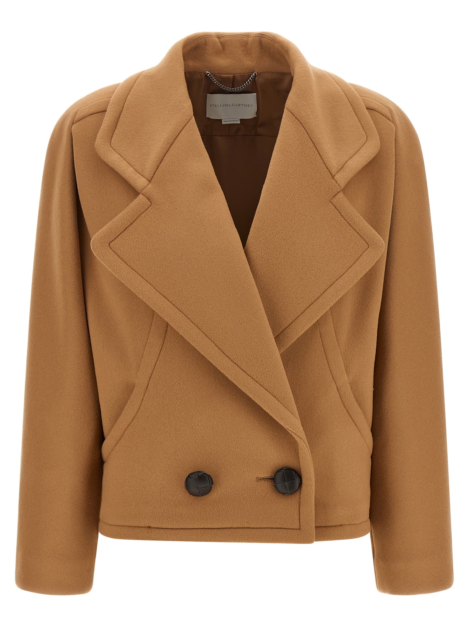 Overcoat by Stella McCartney for women in wool & leather beige, camel, silver & signature presents a luxurious silhouette, showcasing a luxurious square neckline and sophisticated pockets & insulated for a premium, luxurious look.