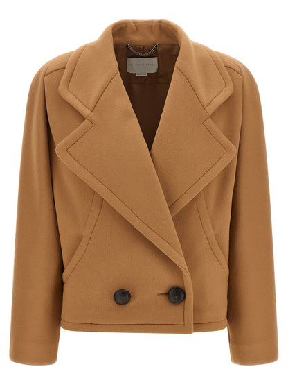 Overcoat by Stella McCartney for women in wool & leather beige, camel, silver & signature presents a luxurious silhouette, showcasing a luxurious square neckline and sophisticated pockets & insulated for a premium, luxurious look.