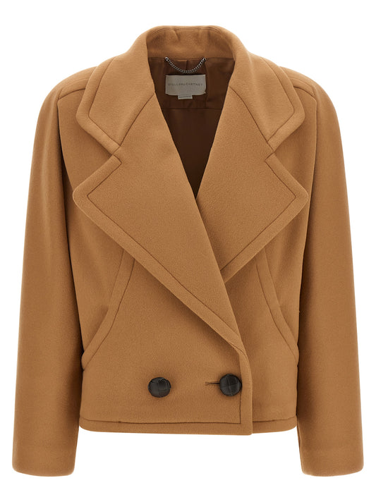 Overcoat by Stella McCartney for women in wool & leather beige, camel, silver & signature presents a luxurious silhouette, showcasing a luxurious square neckline and sophisticated pockets & insulated for a premium, luxurious look.