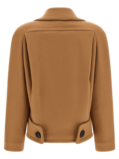 Overcoat by Stella McCartney for women in wool & leather beige, camel, silver & signature features an satoral silhouette, showcasing a sophisticated square neckline and satoral pockets & insulated for a premium, timeless look.