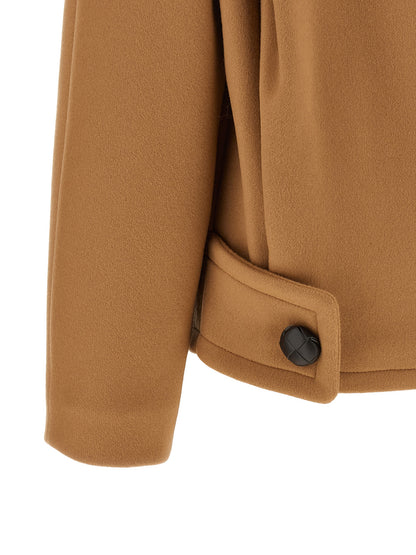Overcoat by Stella McCartney for women in wool & leather beige, camel, silver & signature features a contemporary silhouette showcasing a contemporary and refined pockets & insulated for a sophisticated finish.