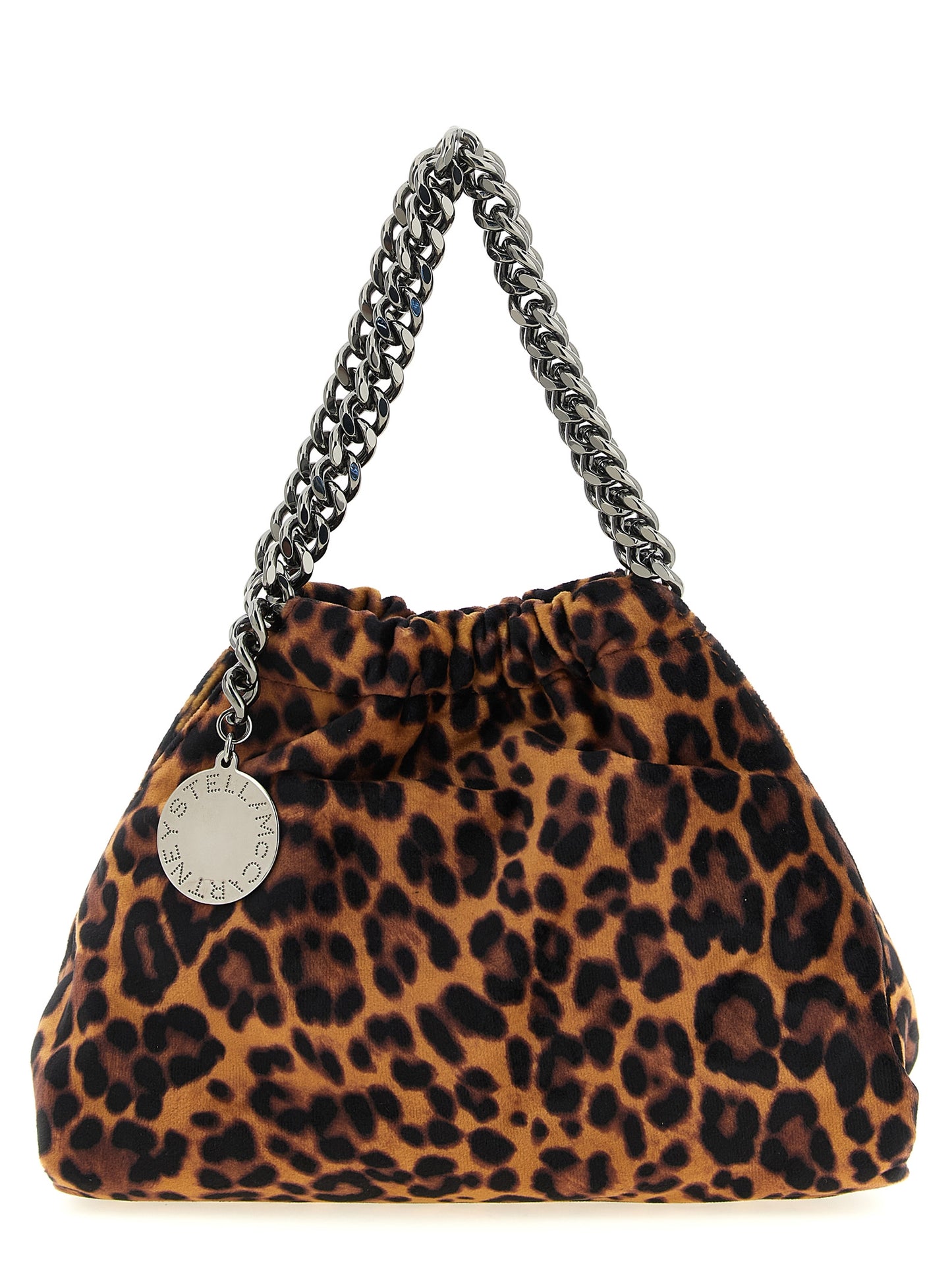 This Mini Drawstring Handbag by Stella McCartney for women in polyester and brown, leopard-print, signature & print presents a sculptural silhouette featuring a secure drawstring, ample , and versatile for a sculptural finish.
