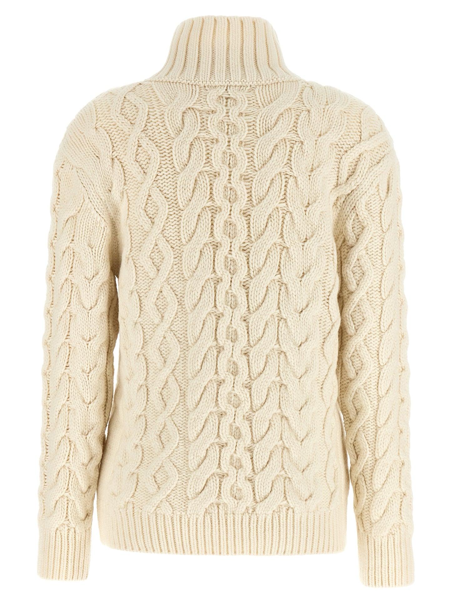 Cardigan by Stella McCartney for women in virgin wool black, cream & white features a dramatic silhouette, showcasing a sophisticated turtle neckline and dramatic detail for a timeless, premium look.