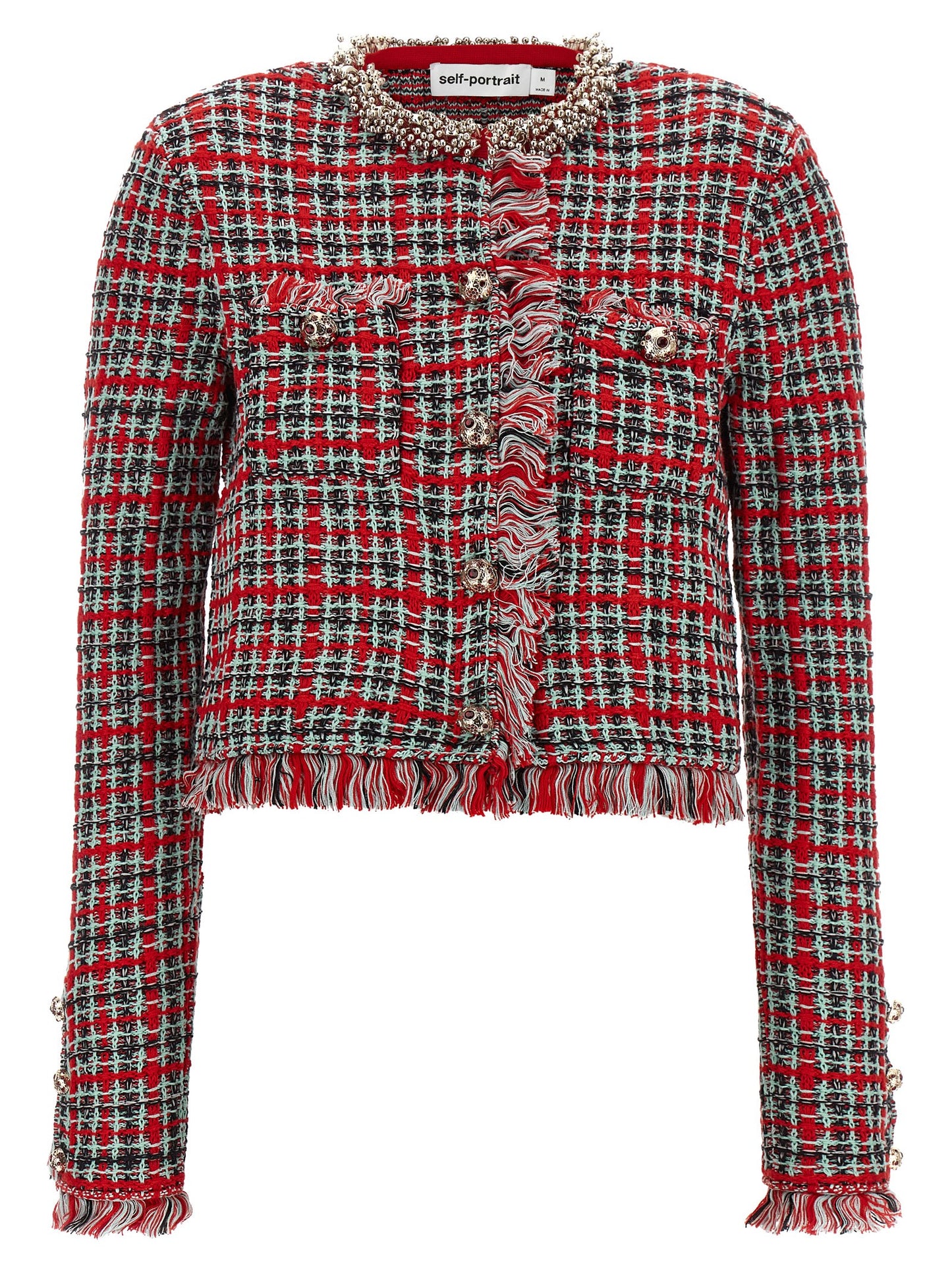 Overcoat by Self-Portrait for women in polyester cotton wool black, mint-green, multicolor, red & patterned features a contemporary silhouette showcasing a contemporary and refined pockets for a sophisticated finish.