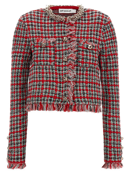 Overcoat by Self-Portrait for women in polyester cotton wool black, mint-green, multicolor, red & patterned features a contemporary silhouette showcasing a contemporary and refined pockets for a sophisticated finish.