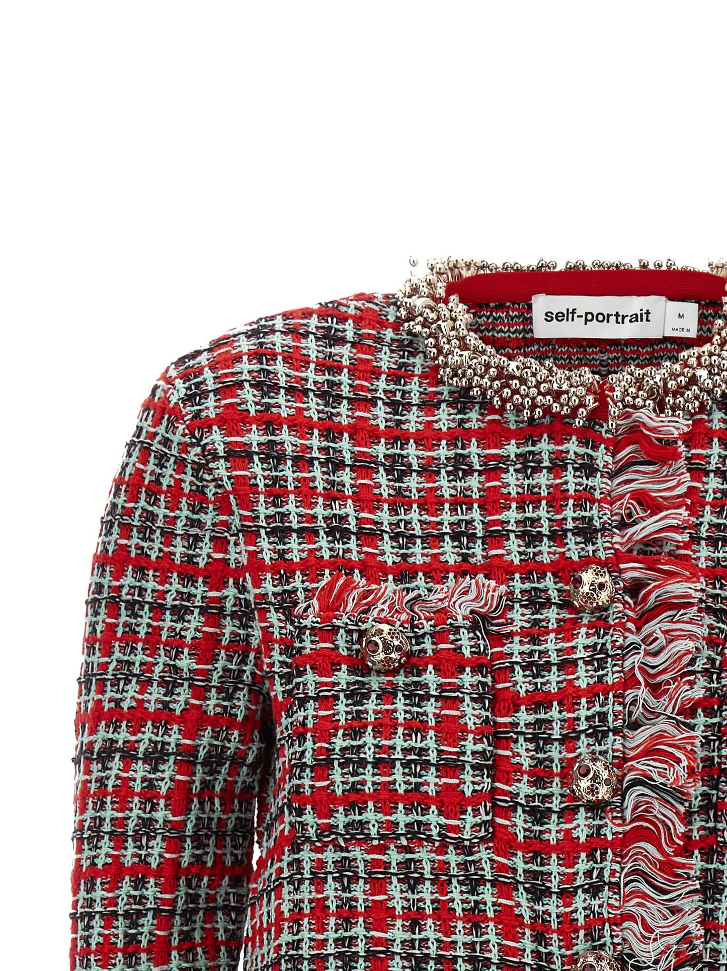 Overcoat by Self-Portrait for women in polyester cotton wool black, mint-green, multicolor, red & patterned features an voluminous silhouette, showcasing distinct pockets and a voluminous for a truly voluminous aesthetic.