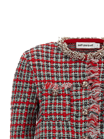 Overcoat by Self-Portrait for women in polyester cotton wool black, mint-green, multicolor, red & patterned features an voluminous silhouette, showcasing distinct pockets and a voluminous for a truly voluminous aesthetic.