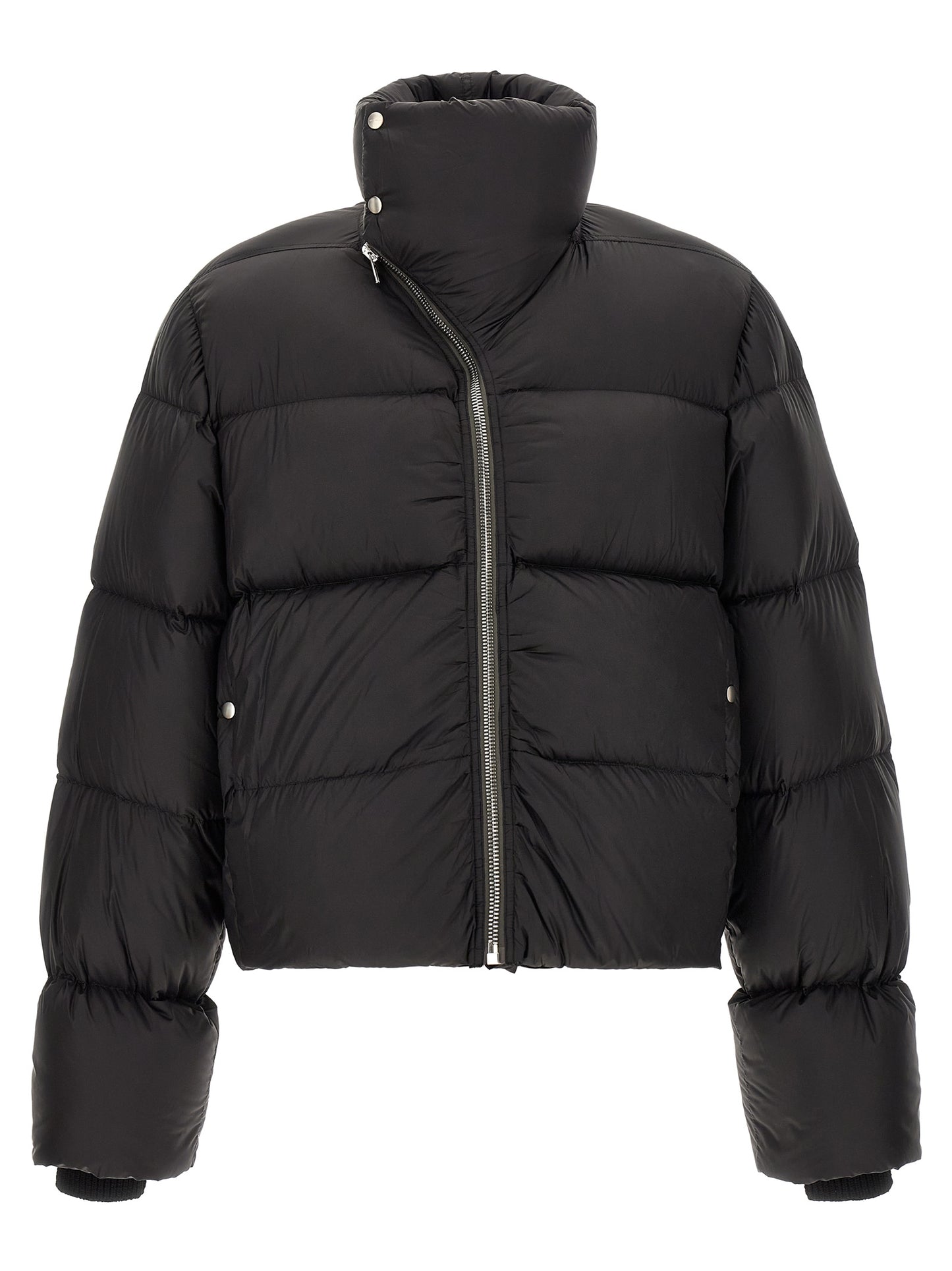 Puffer Jacket by Rick Owens for men in nylon black & silver showcases a bohemian silhouette, artfully detailed with a bohemian turtle tube neckline and signature insulated for a truly bohemian finish.