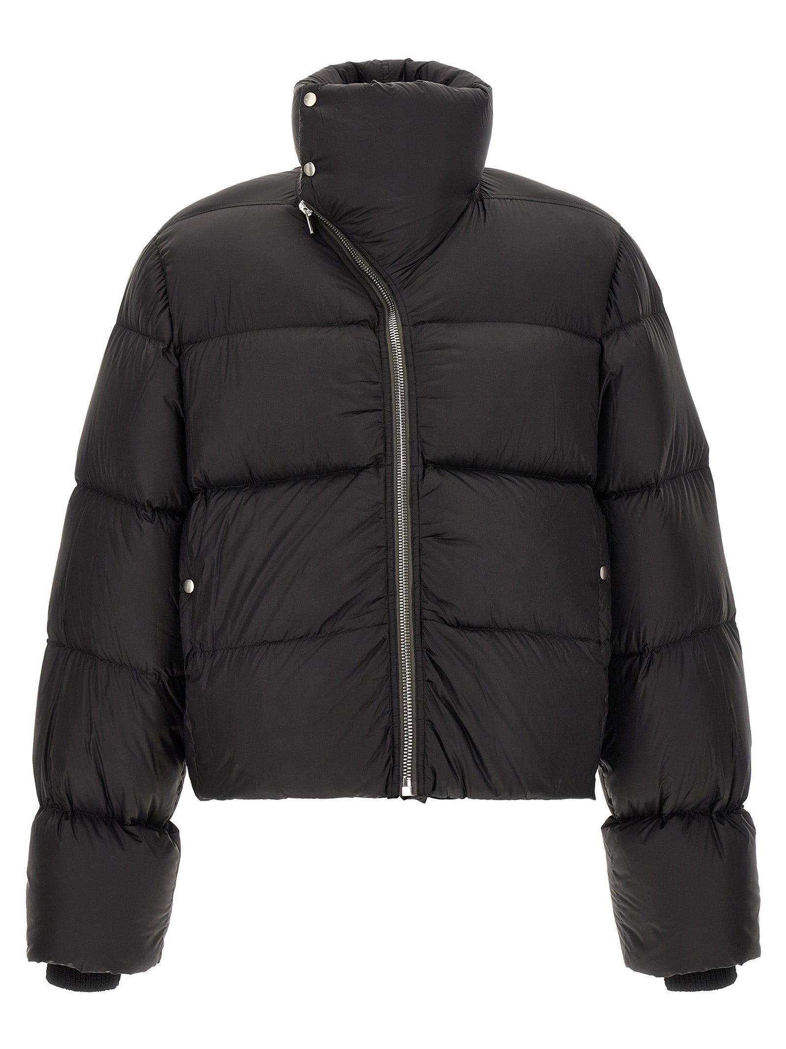 Puffer Jacket by Rick Owens for men in nylon black & silver showcases a bohemian silhouette, artfully detailed with a bohemian turtle tube neckline and signature insulated for a truly bohemian finish.
