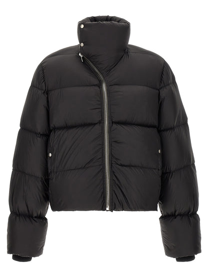 Puffer Jacket by Rick Owens for men in nylon black & silver showcases a bohemian silhouette, artfully detailed with a bohemian turtle tube neckline and signature insulated for a truly bohemian finish.
