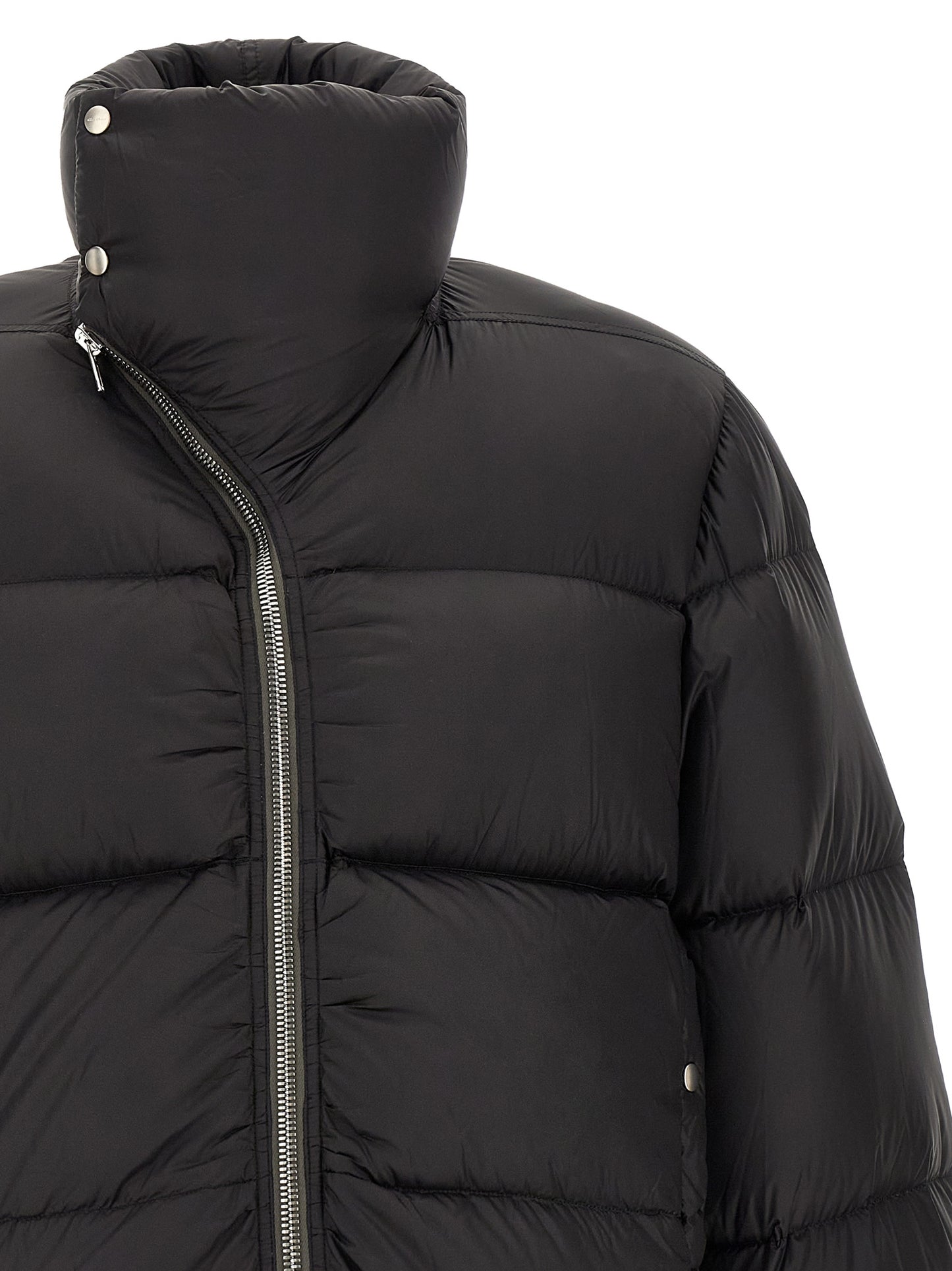Puffer Jacket by Rick Owens for men in nylon black & silver features a dramatic silhouette, showcasing a sophisticated turtle tube neckline and distinctive insulated for a dramatic aesthetic.
