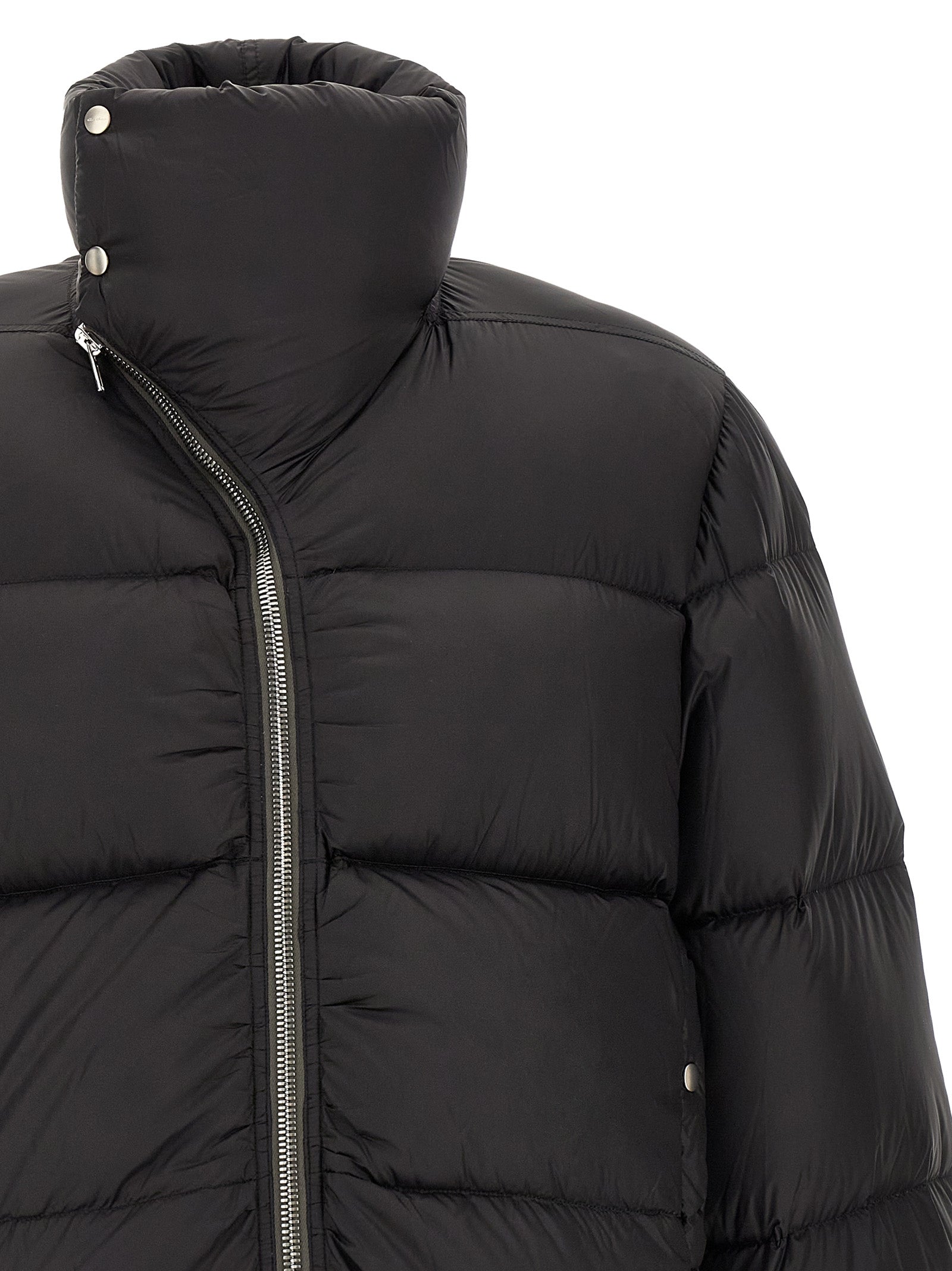 Puffer Jacket by Rick Owens for men in nylon black & silver features a dramatic silhouette, showcasing a sophisticated turtle tube neckline and distinctive insulated for a dramatic aesthetic.
