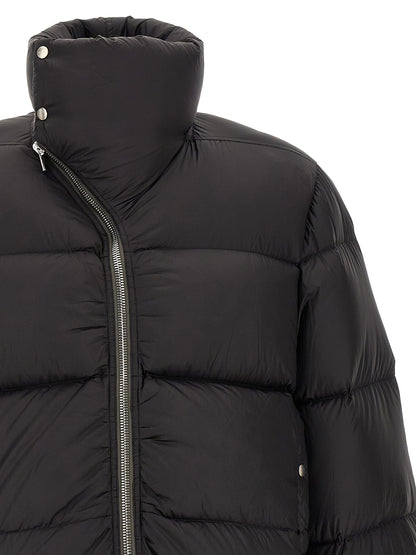Puffer Jacket by Rick Owens for men in nylon black & silver features a dramatic silhouette, showcasing a sophisticated turtle tube neckline and distinctive insulated for a dramatic aesthetic.